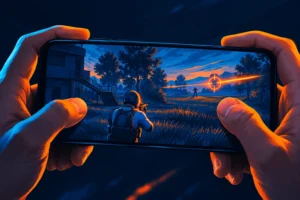 Player’s hands holding an iPhone with a crosshair overshooting a target.