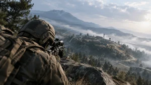 Tilted scope view of a soldier aiming at a distant compound.